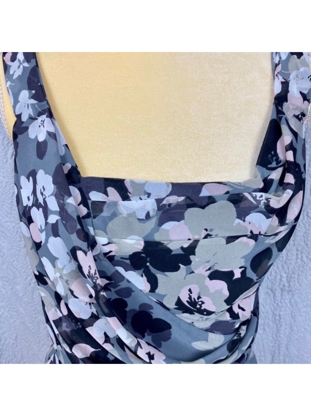 Express Sleeveless Floral Print Ruched Draped Mini Dress - Picture 6 of 9